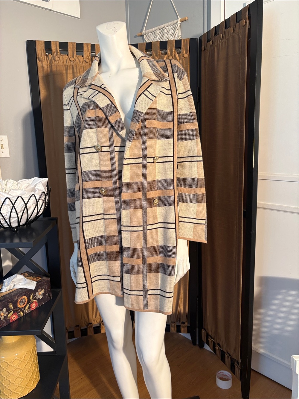 Anne Klein Neutral Plaid Double-Breasted Knit Coatigan
